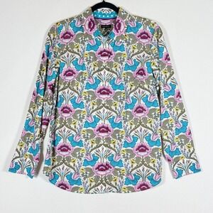 Talbots Womens Medium Shirt Floral Damask Pink Turquoise Coastal Cottagecore